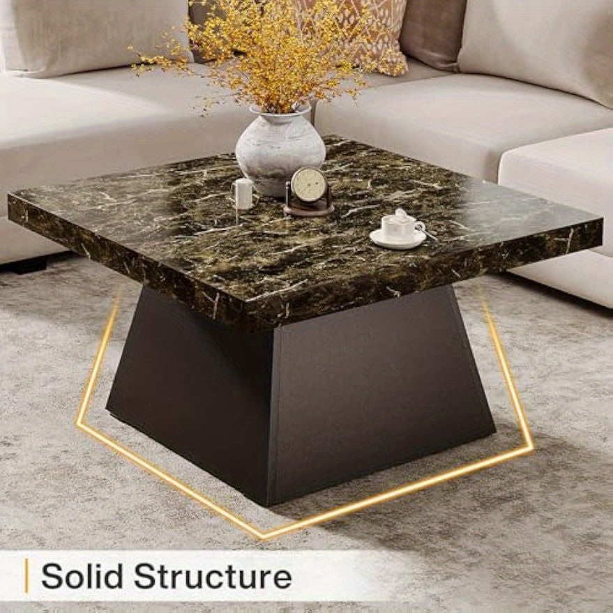 Square Coffee Table with LED Light for Living Room, Modern Accent Center Table 31-Inch Coffee Table, Easy Assembly Low Tea Table with Faux Marble Top for Home Office, Black