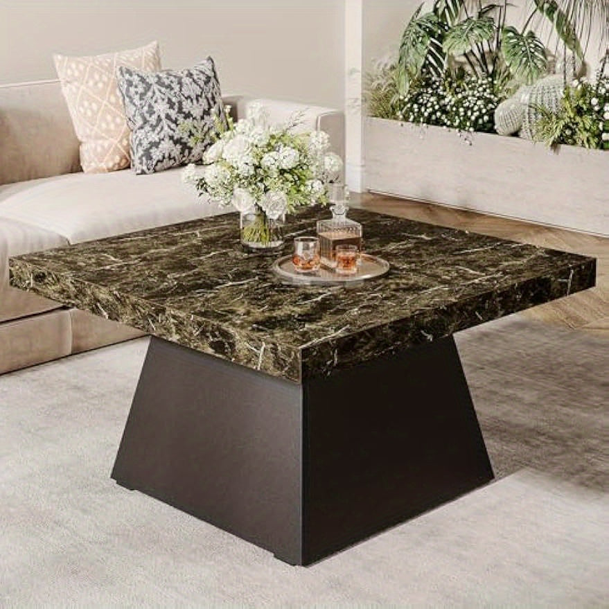 Square Coffee Table with LED Light for Living Room, Modern Accent Center Table 31-Inch Coffee Table, Easy Assembly Low Tea Table with Faux Marble Top for Home Office, Black