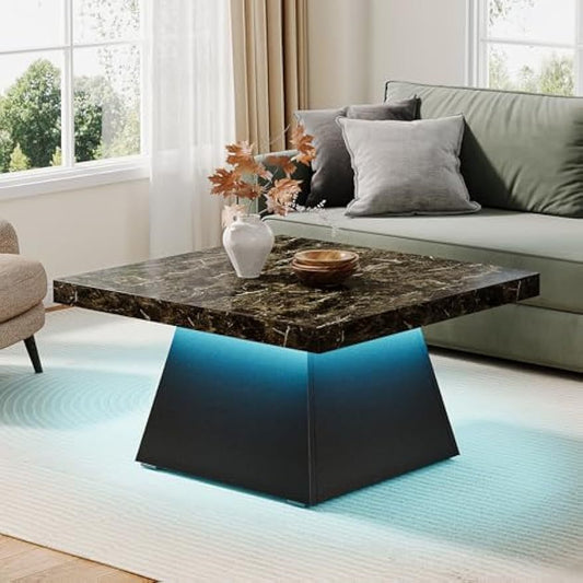 Square Coffee Table with LED Light for Living Room, Modern Accent Center Table 31-Inch Coffee Table, Easy Assembly Low Tea Table with Faux Marble Top for Home Office, Black