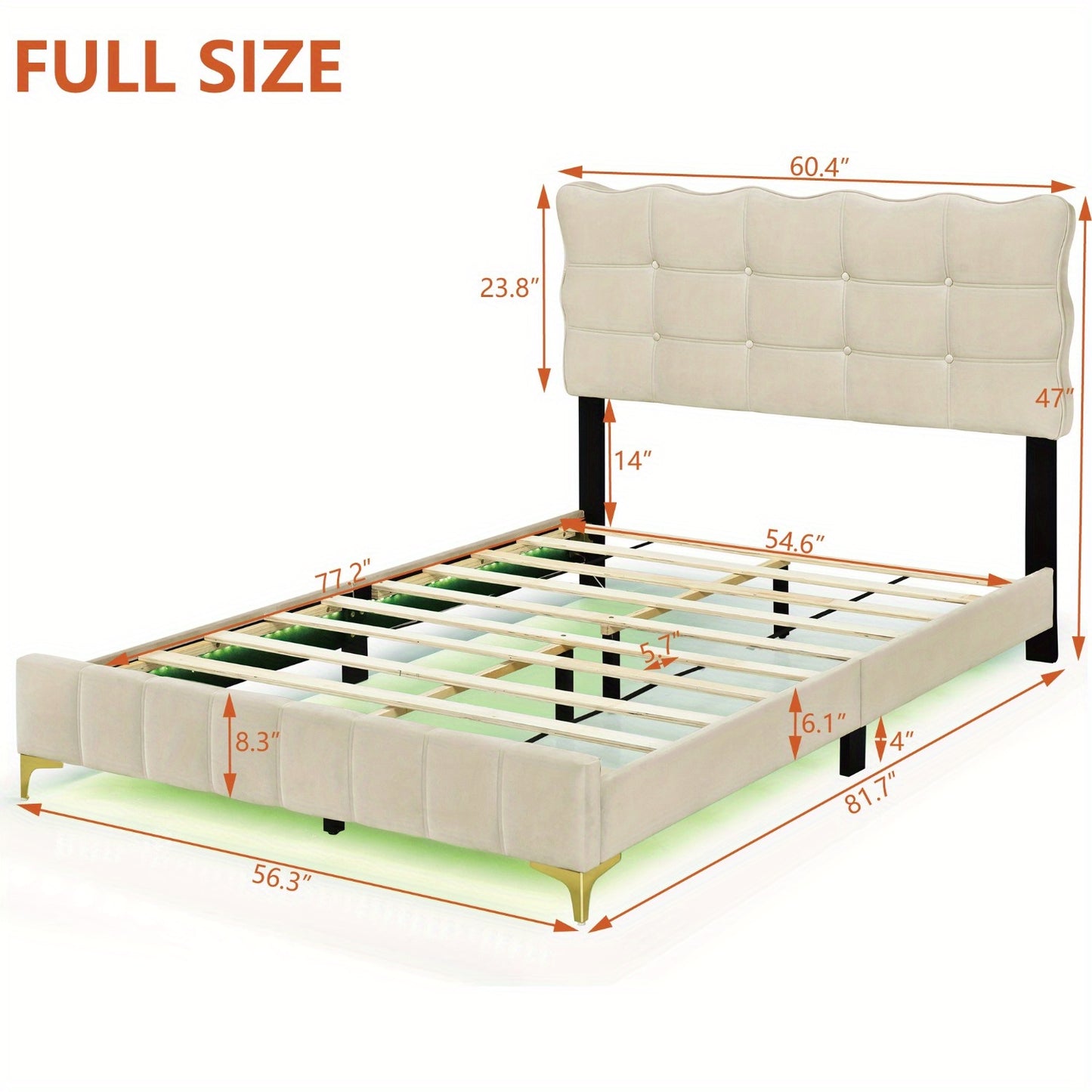 Velvet Platform Bed Frame with LED Frame and Stylish Mental Bed Legs, No Box Spring Needed