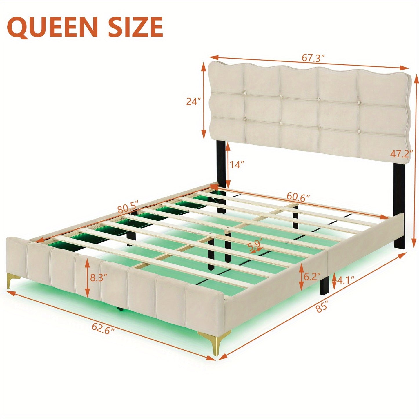 Velvet Platform Bed Frame with LED Frame and Stylish Mental Bed Legs, No Box Spring Needed