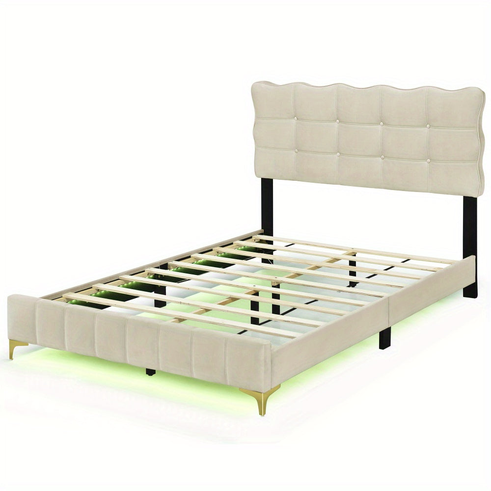 Velvet Platform Bed Frame with LED Frame and Stylish Mental Bed Legs, No Box Spring Needed