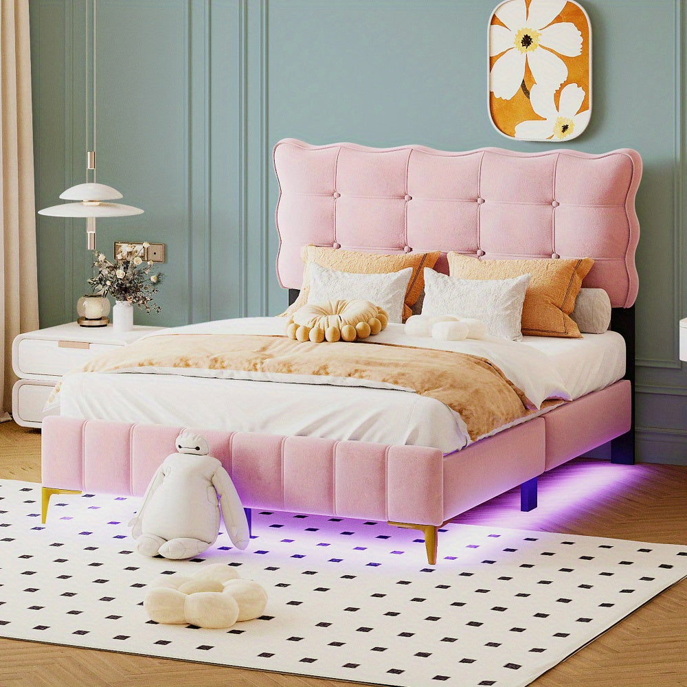 Velvet Platform Bed Frame with LED Frame and Stylish Mental Bed Legs, No Box Spring Needed