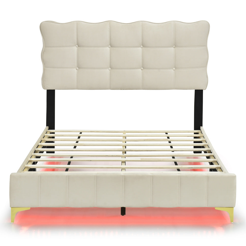 Velvet Platform Bed Frame with LED Frame and Stylish Mental Bed Legs, No Box Spring Needed