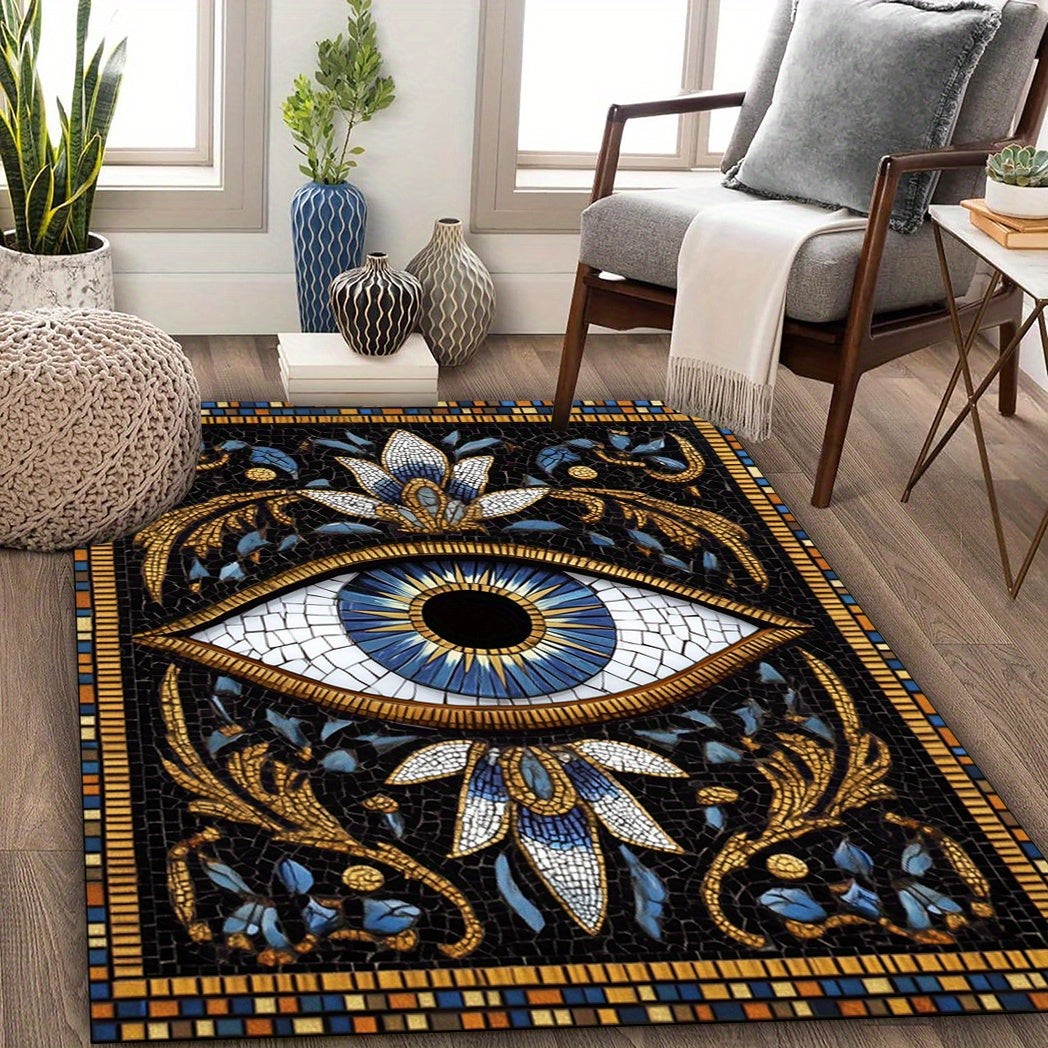 Evil Eye Design Washable Area Rug - Large, Non-Slip, Low Pile for Living Room, Dining, Home Office & Patio Decor