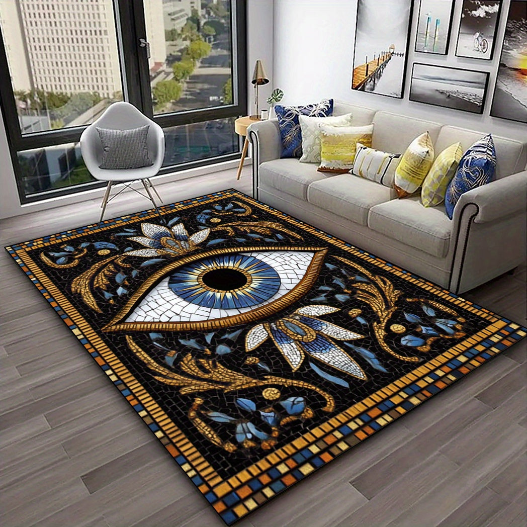 Evil Eye Design Washable Area Rug - Large, Non-Slip, Low Pile for Living Room, Dining, Home Office & Patio Decor