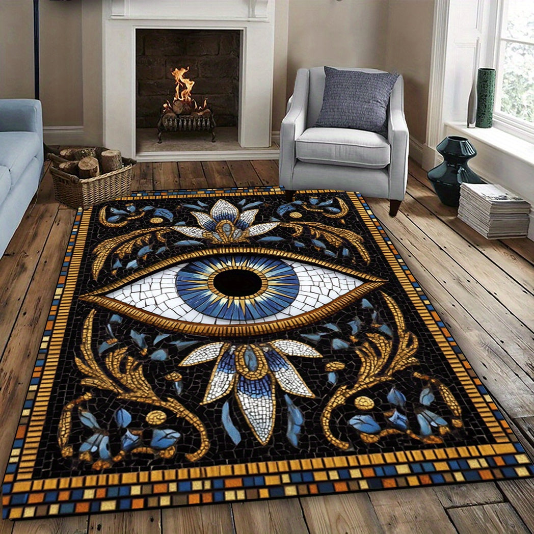 Evil Eye Design Washable Area Rug - Large, Non-Slip, Low Pile for Living Room, Dining, Home Office & Patio Decor