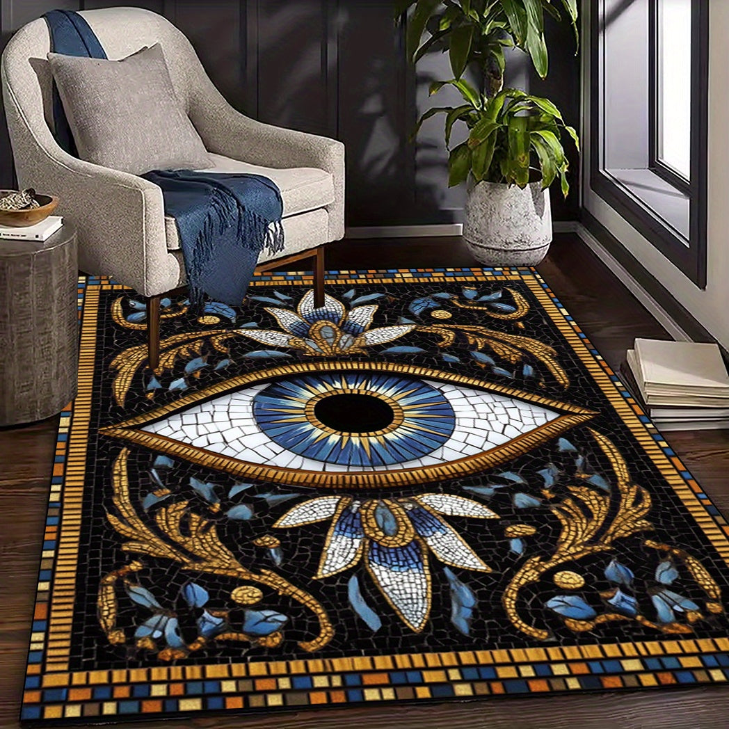 Evil Eye Design Washable Area Rug - Large, Non-Slip, Low Pile for Living Room, Dining, Home Office & Patio Decor