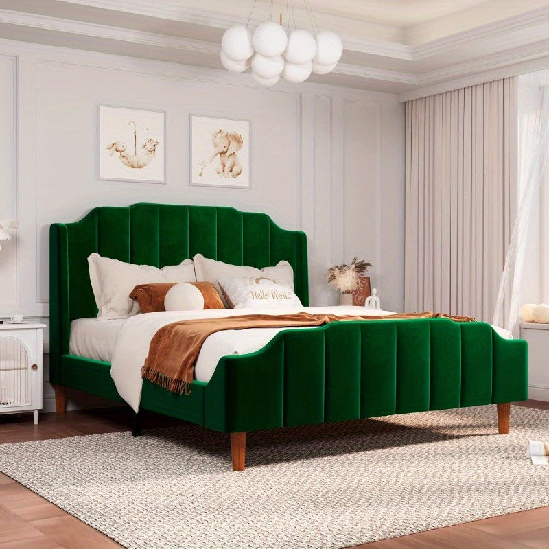 Queen Size Velvet Bed Frame Upholstered Platform Bed, Solid Wood Leg and Strong Slats Support, No Box Spring Needed