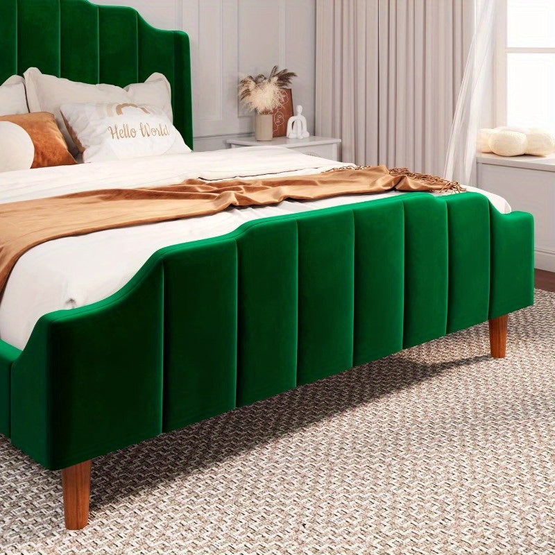 Queen Size Velvet Bed Frame Upholstered Platform Bed, Solid Wood Leg and Strong Slats Support, No Box Spring Needed