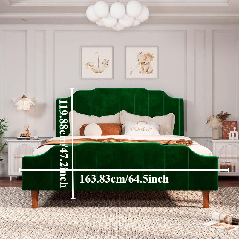 Queen Size Velvet Bed Frame Upholstered Platform Bed, Solid Wood Leg and Strong Slats Support, No Box Spring Needed