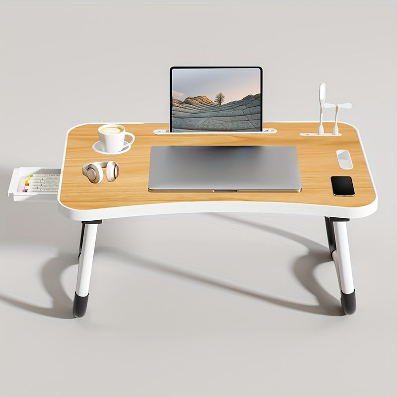 Oversized Portable Laptop Bed Table Folding Table, Computer Table - Versatile Tray Holder with Cup Holder And Drawer, USB, Fan And Light - Perfect for Eating, Reading And Writing on Bed, Sofa, Floor - Stable, Durable And Fold