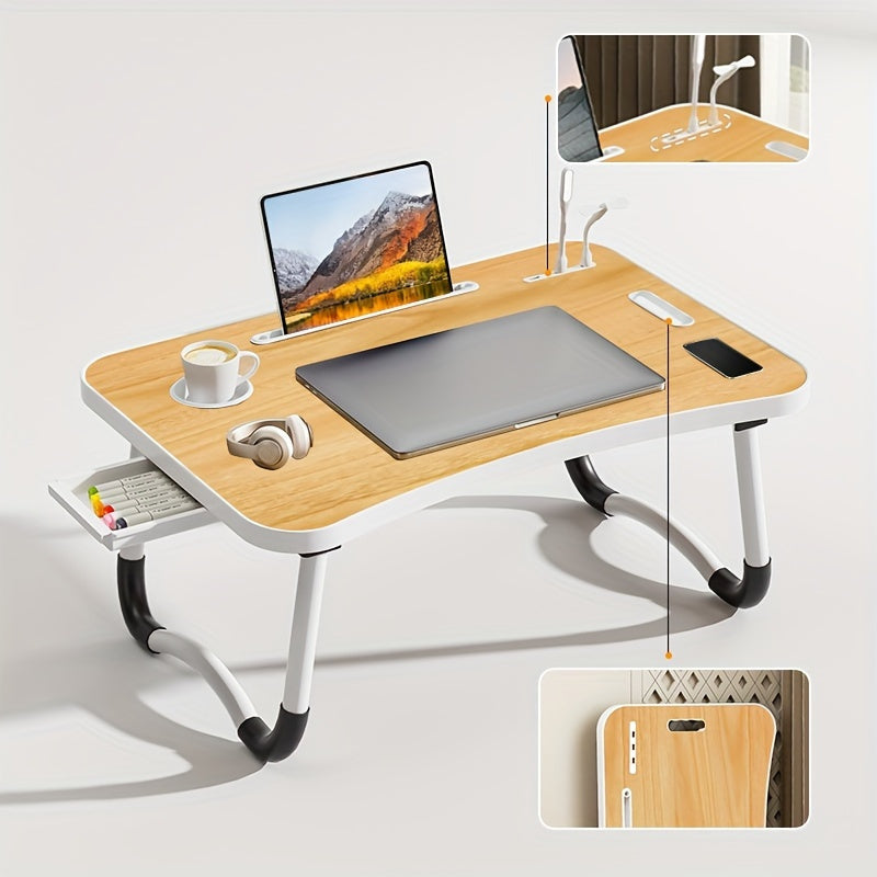 Oversized Portable Laptop Bed Table Folding Table, Computer Table - Versatile Tray Holder with Cup Holder And Drawer, USB, Fan And Light - Perfect for Eating, Reading And Writing on Bed, Sofa, Floor - Stable, Durable And Fold