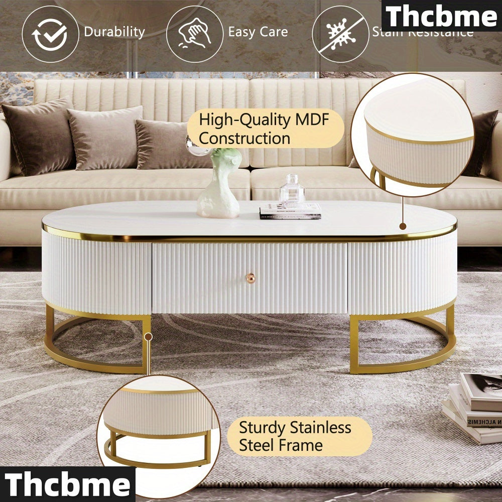 [1 Modern Oval Coffee Table] Thcbme Modern Oval Coffee Table, Wood Frame & Top, Space-Saving Curved Profile Design, with 2 Large Drawers, Golden Metal Accents, for Living Room, Office, Bedroom - White & Golden