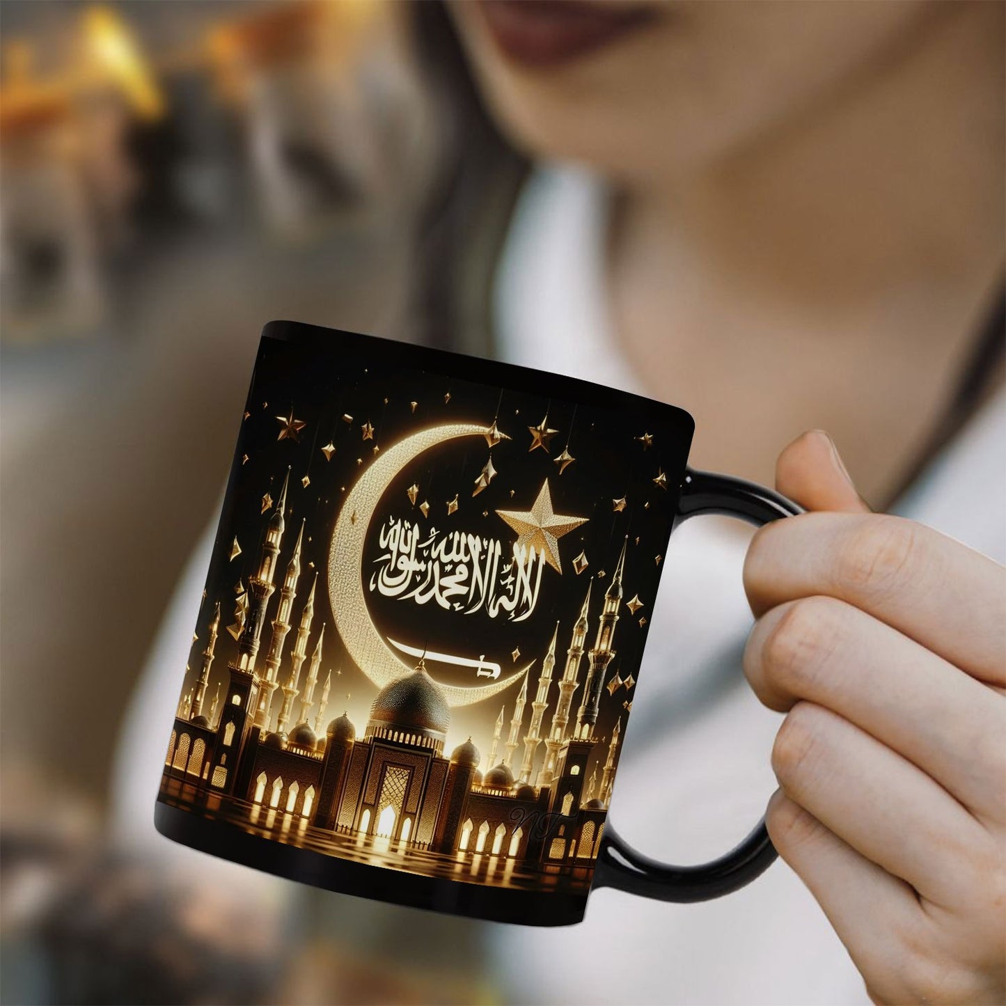 1pc Ramadan Ceramic Coffee Mug 11oz - Hand Wash Only, Reusable Multipurpose Cup for Birthday, Festival, Eid Gifts - No Electricity Needed, Islamic Moon and Mosque Design