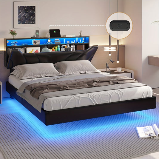 Queen Size Modern Black LED Bed Frame with Charging Station - Floating Platform Design, Faux Leather Headboard & Storage Shelves, USB/Type-C Ports, Remote Control via App - Sleek & Stylish for Tech-Savvy Bedrooms, Bedroom Acc