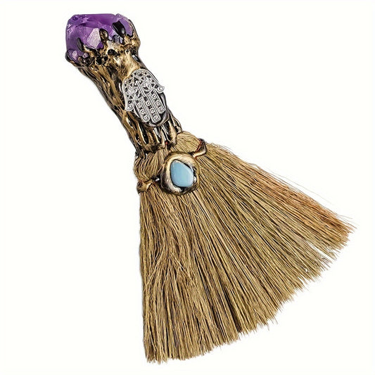 Bohemian Style Handcrafted Amethyst Crystal Mini Broom - Perfect for Halloween Decor, Witchy Home Accent & Reiki