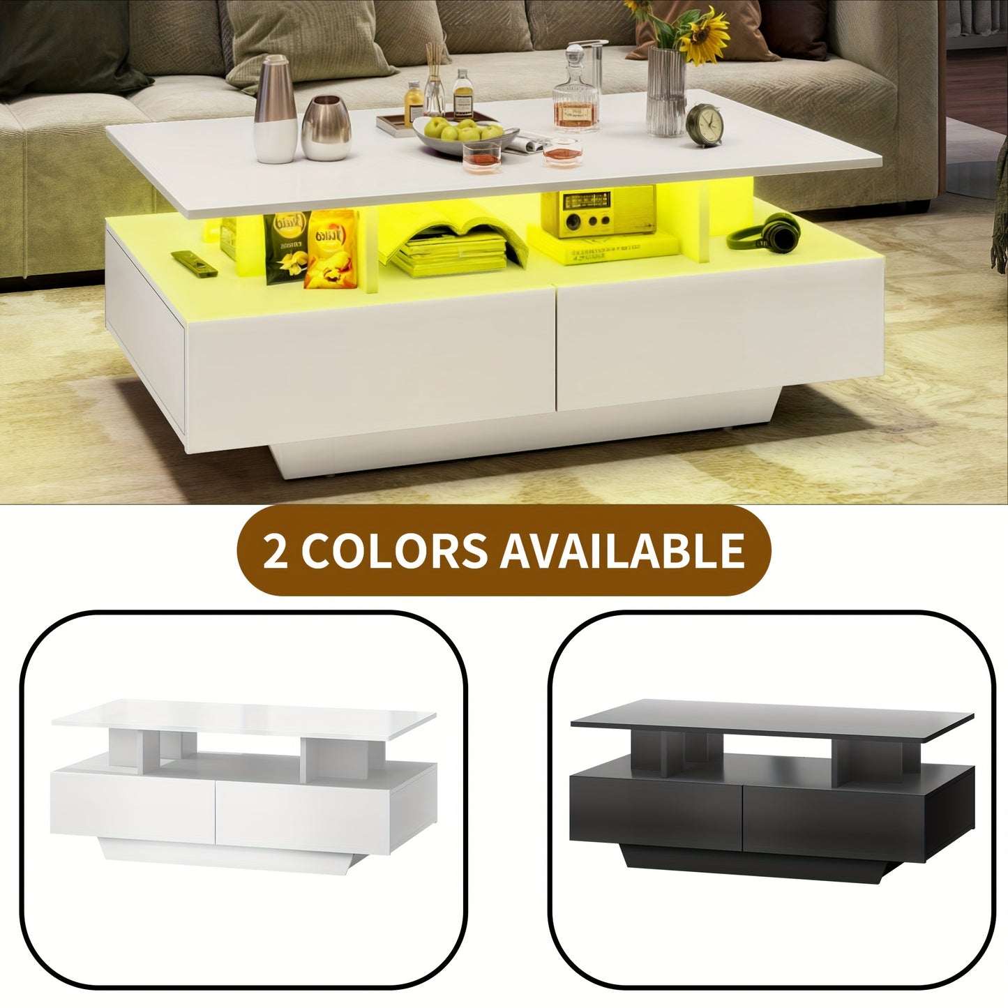 Xelsyo Modern LED Coffee Table with RGB Light System, 20 Colors & 4 Modes, High Gloss Finish, Double-Layer Storage & 4 Drawers, Suitable for Office, Living Room, 21.7"D X 35.4"W X 16.2"H