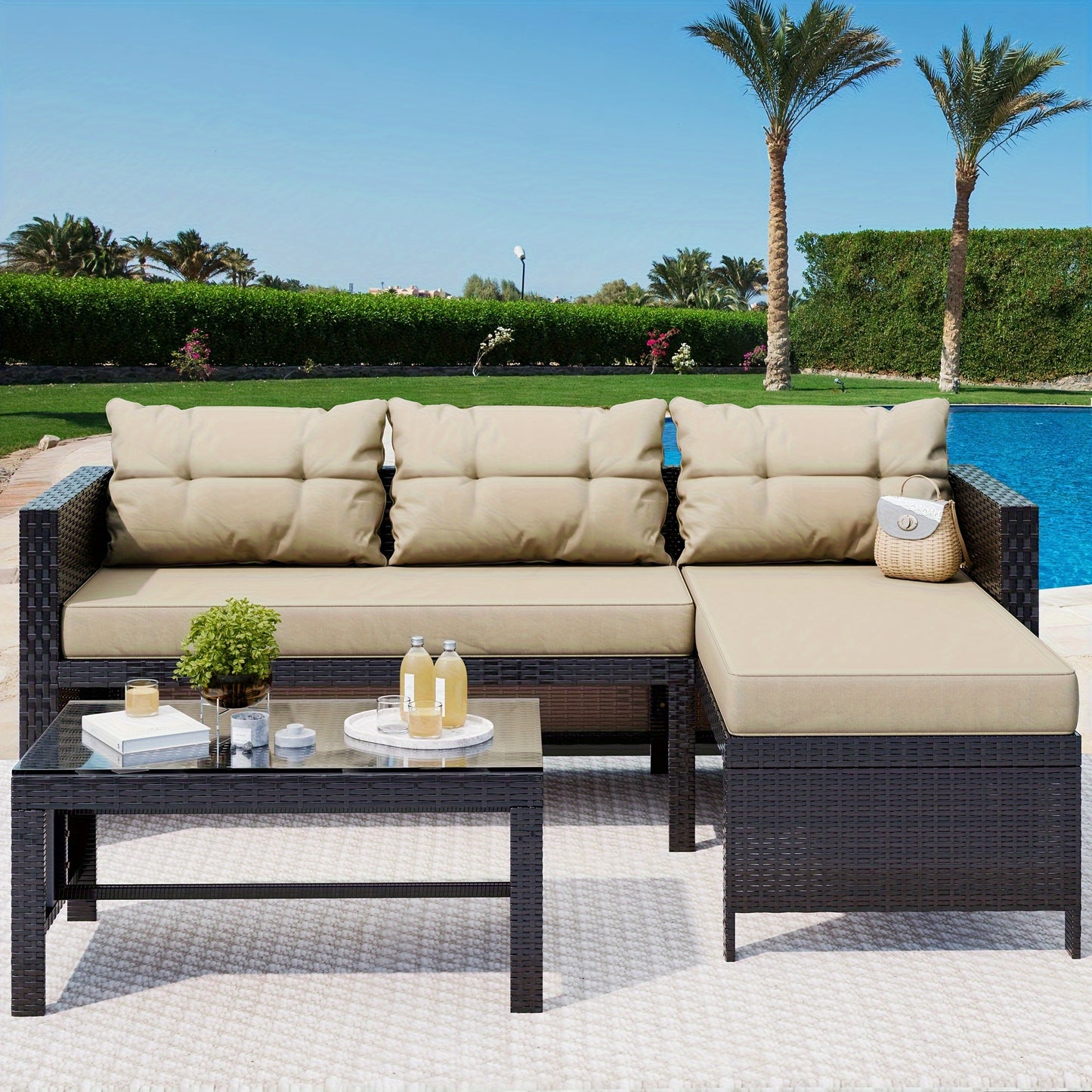 Vahekhrus Christmas-Ready Outdoor Patio Furniture Set: Sturdy Wicker Sectional Sofa with Glass Top Coffee Table – Ideal for Autumn/ Winter Porch, Garden, Poolside, and Holiday Decor