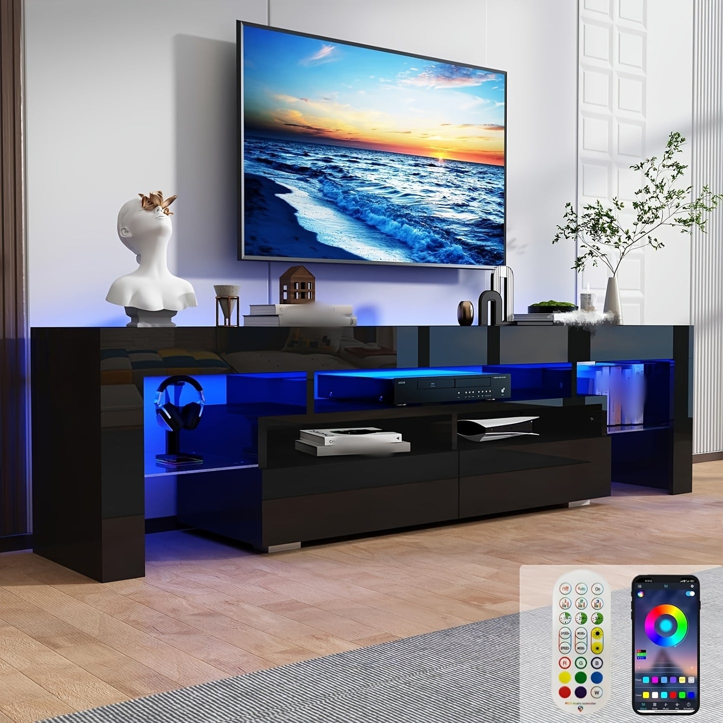 Modern LED TV Stand for Living Room, Black TV Stand, High Gloss TV Entertainment Center with Storage Drawer, APP RGB Light, TV Console