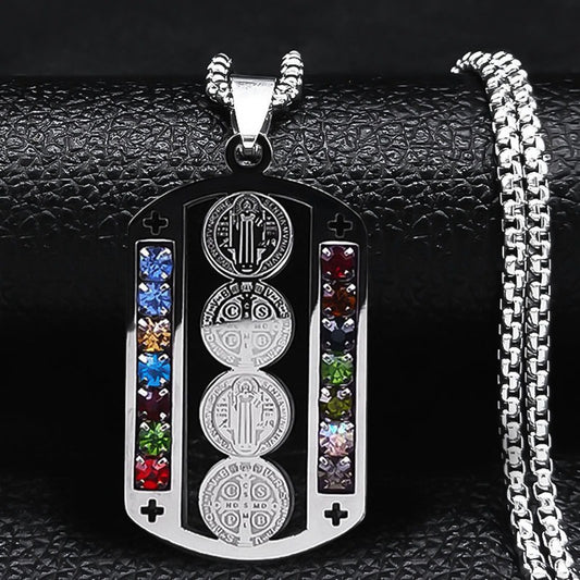 1pc Stainless Steel Colored Zirconia Catholic Saint Benedict Saint Benito Medal Pendant Necklace for Men'S Women'S Talisman Hip-Hop Jewelry