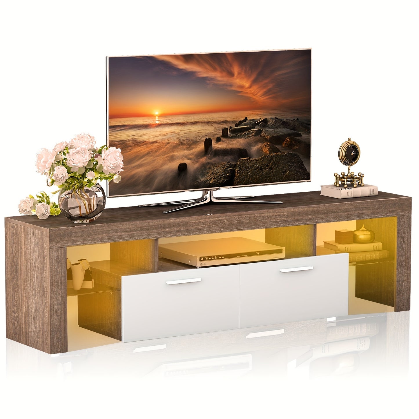 Modern LED 63 inch Long TV Stand for 65 70 75 Inch TV, Black and White Gaming Entertainment Center with Large Drawers and Light, Luxury High Glossy Television Table Center Media Console with Storage and Glass Shelves for Bedr