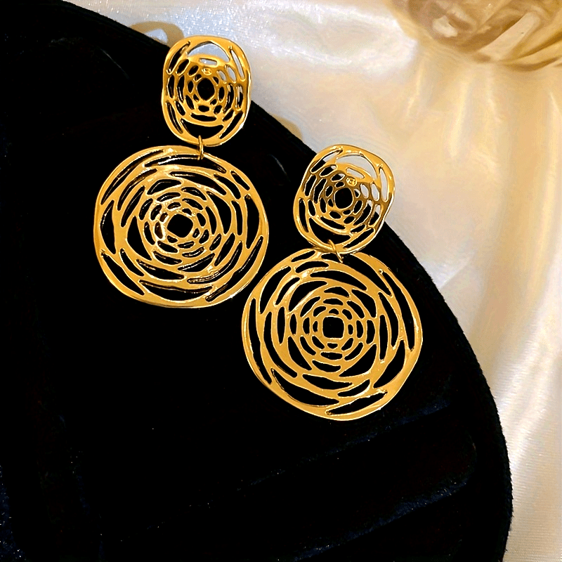 Elegant Middle Eastern Style Round Hollow-Out Earrings, Luxurious Alloy with 925 Silvery Posts for Daily Wear and Parties