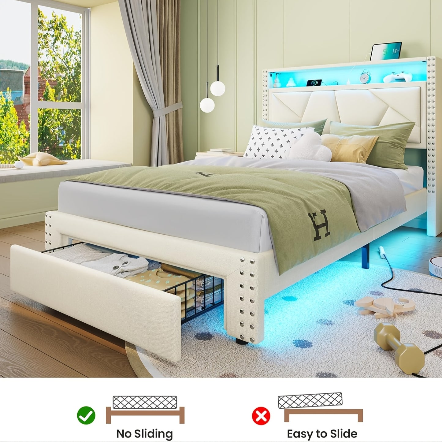 MSmask Twin Size Elegant Bed Frame with Shelf Headboard & 2 Storage Drawers, Upholstered Platform in Cream White/Dark Grey - Modern Metal Design with Charging Station & LED Lights, Sturdy & Secure for a Peaceful Sleep, MSMASK