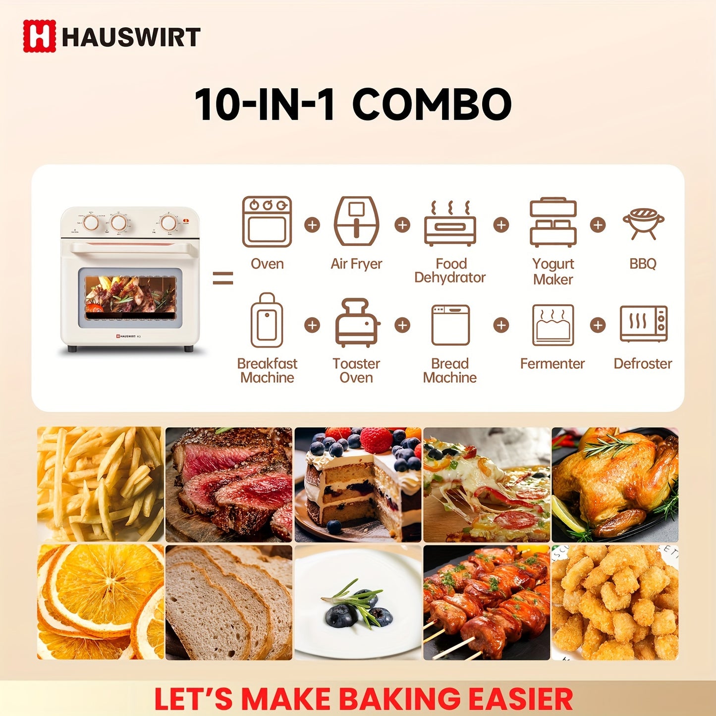 Hauswirt Air Fryer Conventional Oven K3, 6-in-1 Combo, 19L Extra Capacity Air Fryer, Baking And Frying Integrated, 1250 Watts, 150°F - 450°F, Non-Stick, Stainless Steel, Online Recipe Booklet