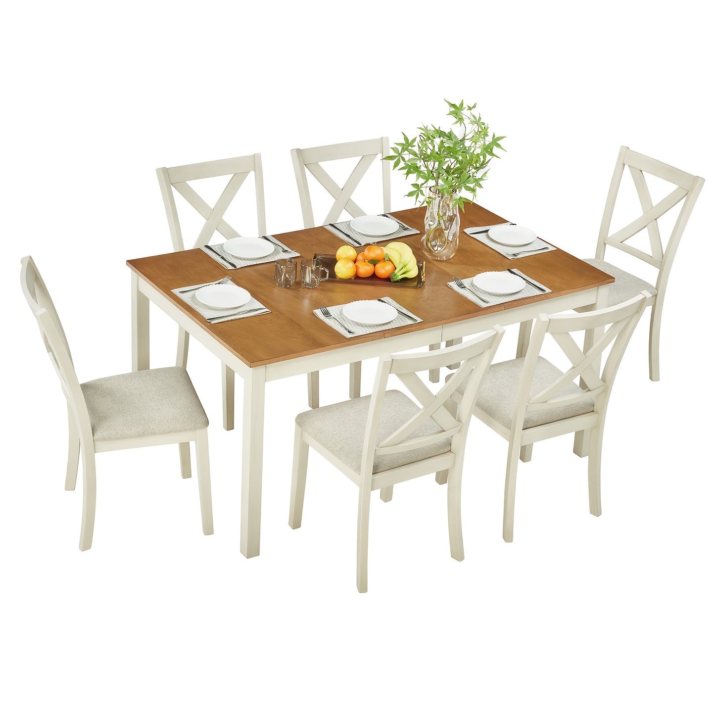 PAPAJET 7pcs Farmhouse Dining Set - 60" Solid Wood Table with 6 Upholstered Chairs, Hardwood Construction, MDF, White Finish, Ideal for Kitchen or Restaurant