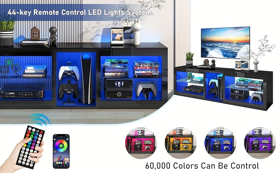 LED TV Stands W/60, 000-Colors Lights&6.5ft Power Outlet For 55 60 65 70inch TV, Modern High Gloss LED Black Entertainment Center W/Adjustable Shelves For Living Room Gameroom/Bedroom