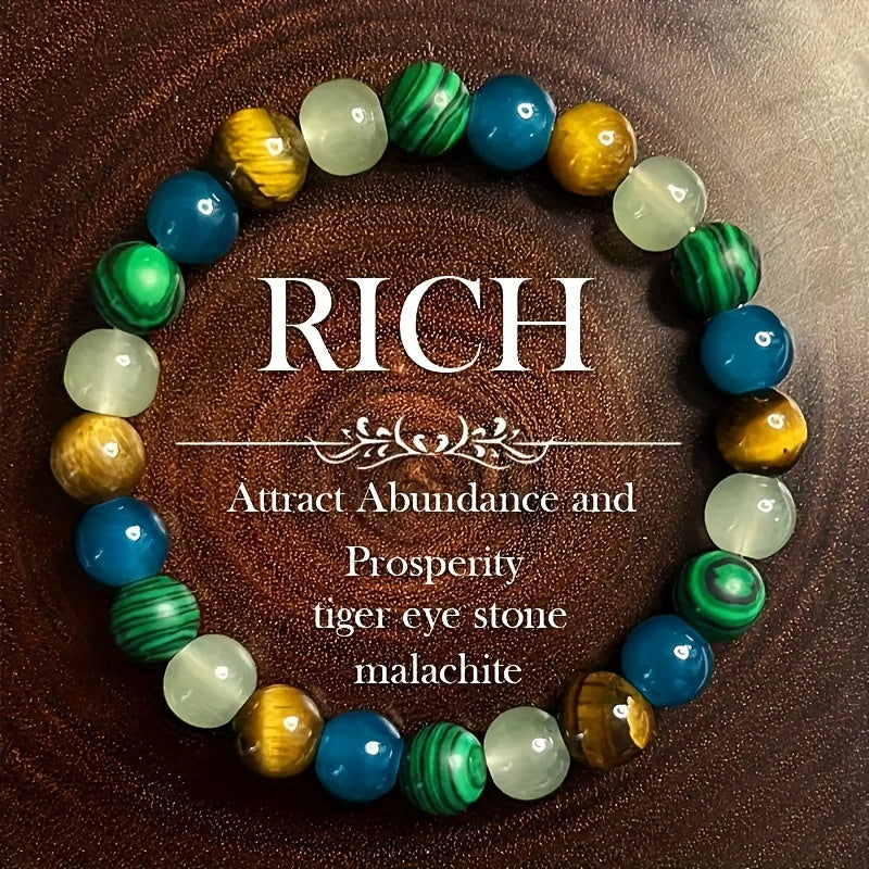 Lucky Charm Bracelet - 8mm Tiger Eye & Malachite Gemstones, Wealth Attraction Jewelry, Stretch Jewelry, Good Luck