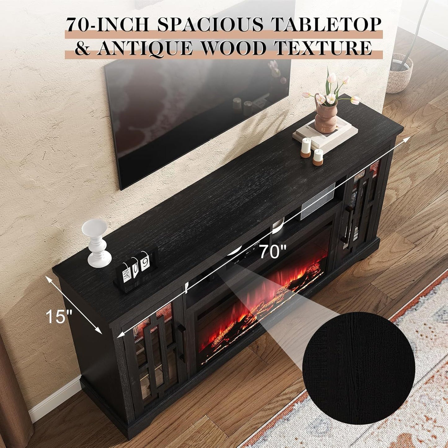 Elegant Style, PaPaJet Rustic Farmhouse TV Stand with 37" LED Fireplace, USB-Powered Entertainment Center for 80" TV, Black Hardwood with Red Accents, Adjustable Shelving, Ideal for Cozy Living Room Settings, Cozy Tv Stand|Ru