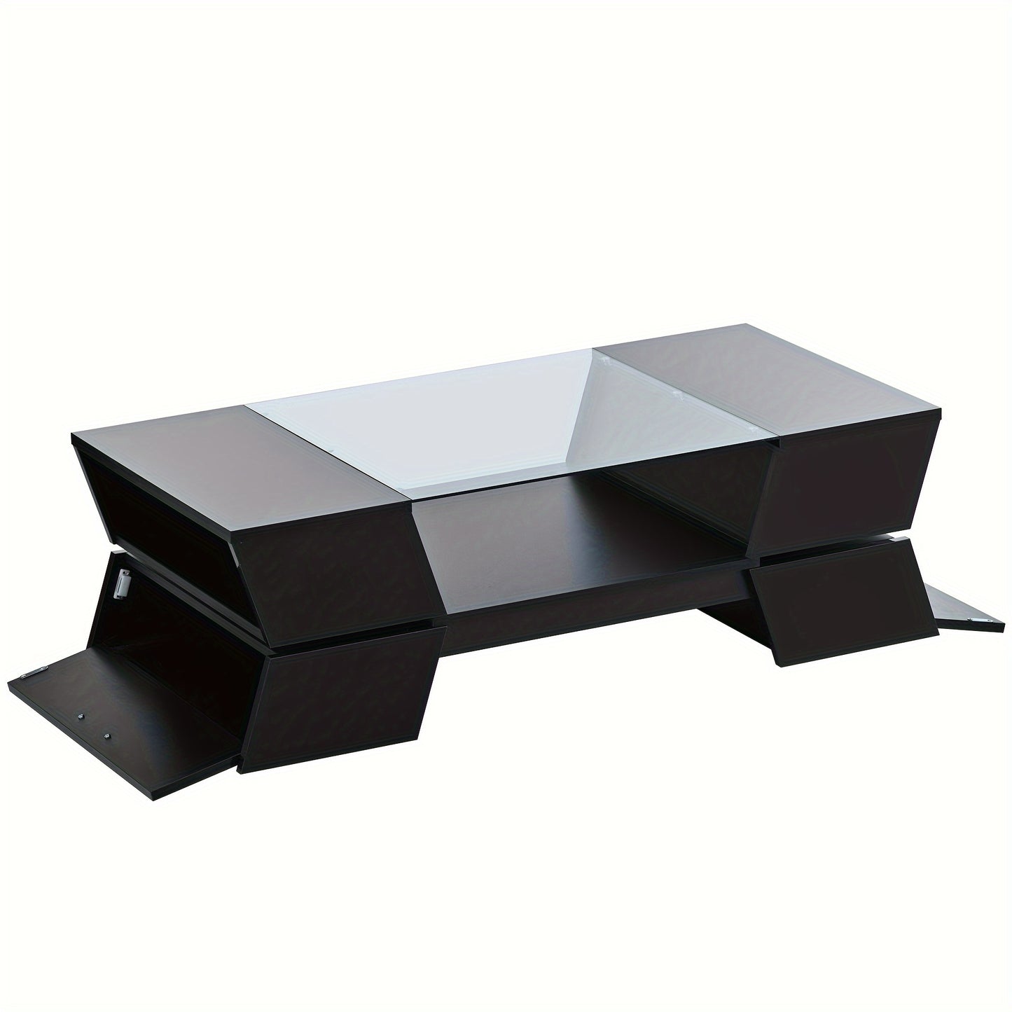 1pc Glass-Top Coffee Table, With Open Shelves And Cabinets, Geometric Style Cocktail Table With Great Storage Capacity, Modernist 2-Tier Center Table For Living Room