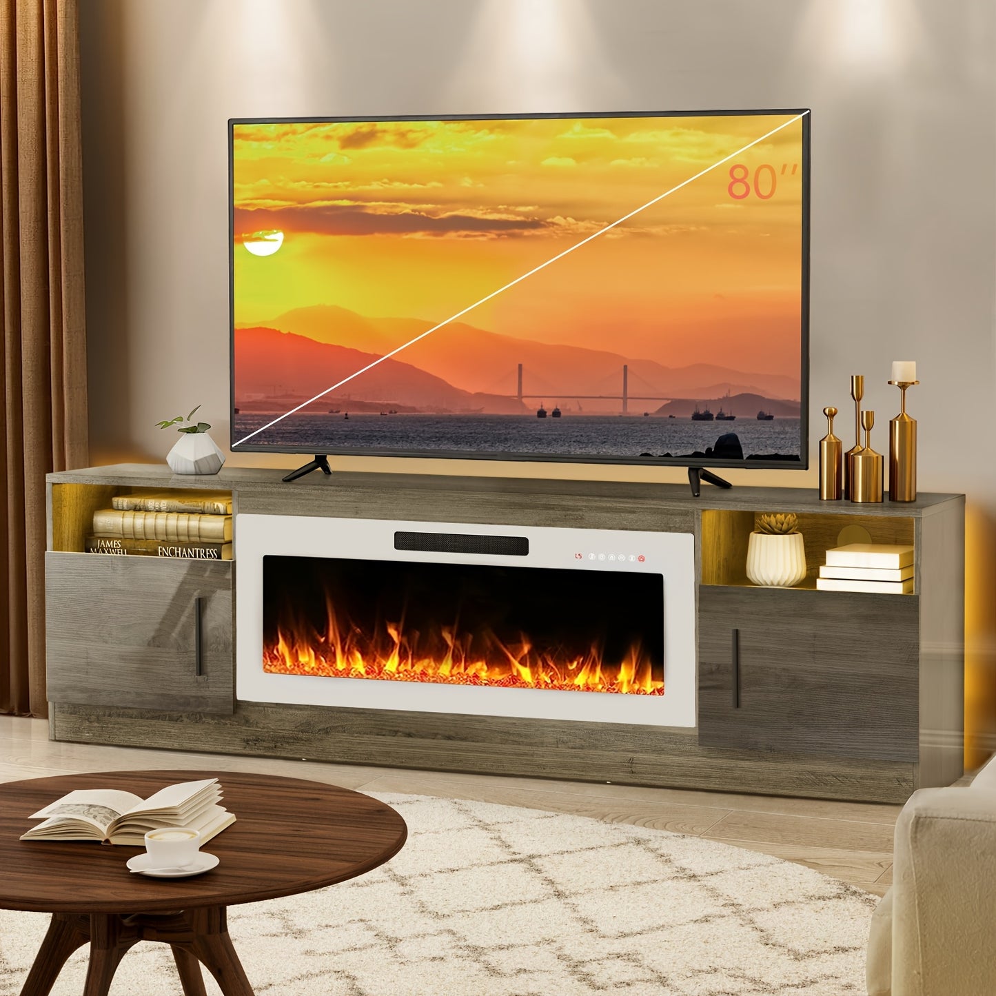 Lemberi Fireplace tv Stand with 36 inch Fireplace Up to 80" TVs, LED Light Entertainment Center and Storage, 70" Modern Wood Media TV Console with Highlight Cabinet for Living Room