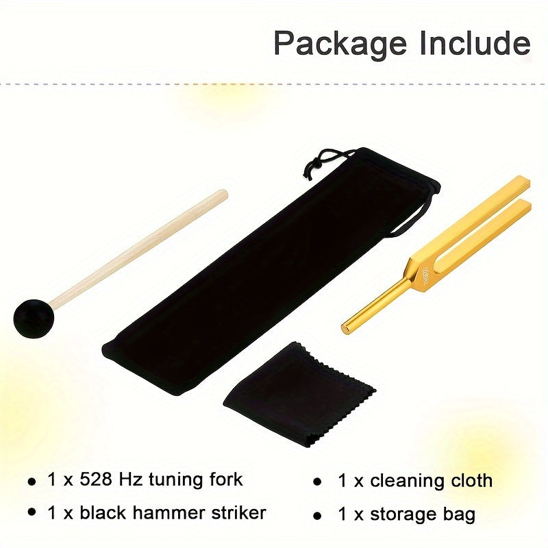 Golden color 528Hz Chakra Tuning Fork Brain Body Sound Forks Solfeggio Frequencies with Silicone Hammer Cleaning Cloth relaxing ambient sounds to align with the frequency of Love