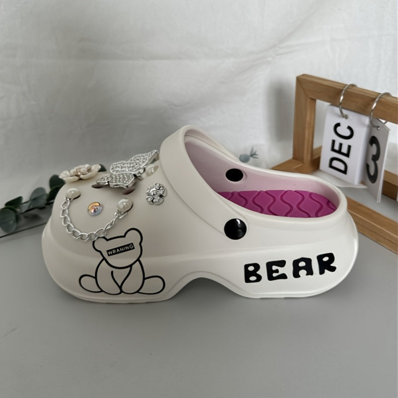 Casual Cartoon Bear Pattern Mules & Clogs for Women, Breathable EVA Platform Heel Clogs with Bow Embellishment, Versatile Indoor/Outdoor Fashion Footwear - Quanzhou Manufactured