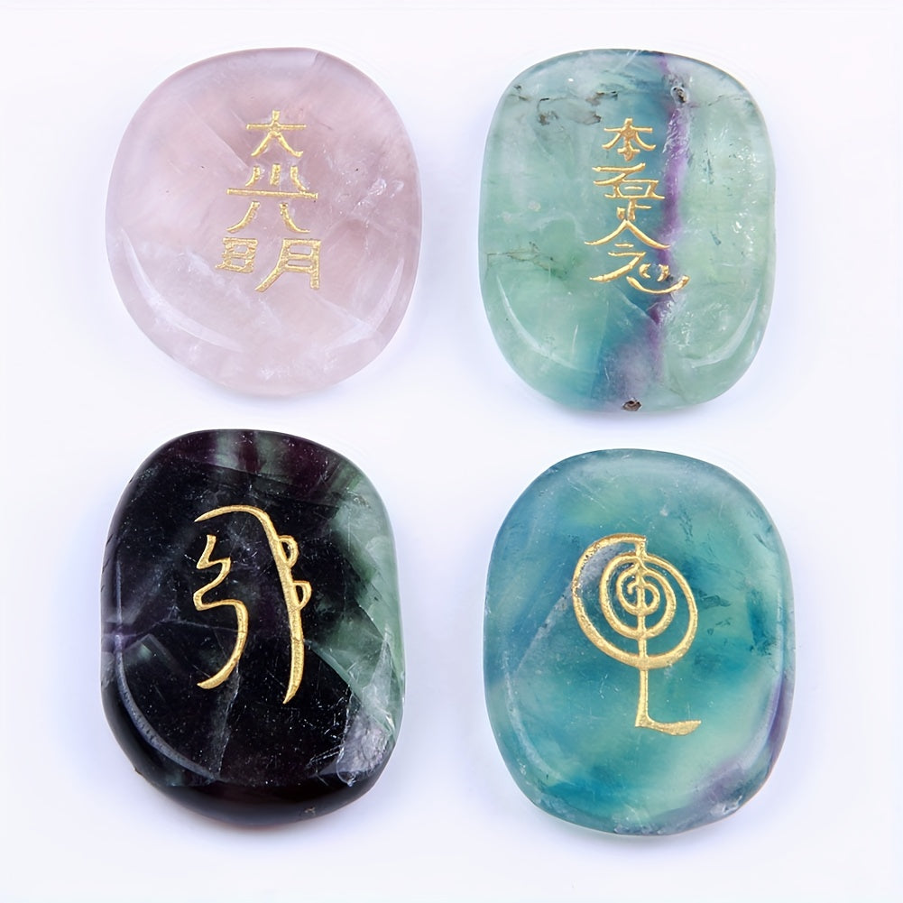 4pcs Natural Crystal Stones Engraved Chakra Symbols Polished Palm Stones for Reiki Crystal (Amethyst, Rose quartz, Green aventurine, Fluorite, Lapis, Black obsidian) -Beading&Jewelry Making