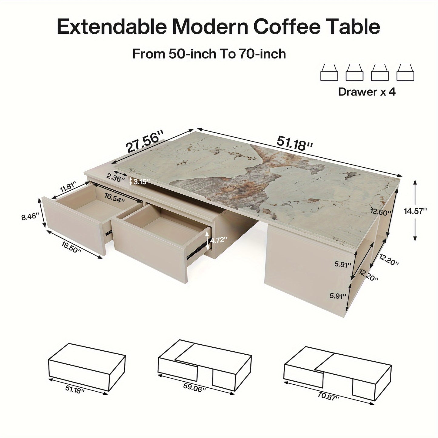 Christmas, Extendable Tabletop Coffee Table With 4 Drawers & Storage Shelf, Modern From 51-Inch To 71-Inch Center Table For Living Room, Faux Marble Veneer, Harvest, Halloween Decor, Christmas Decorations