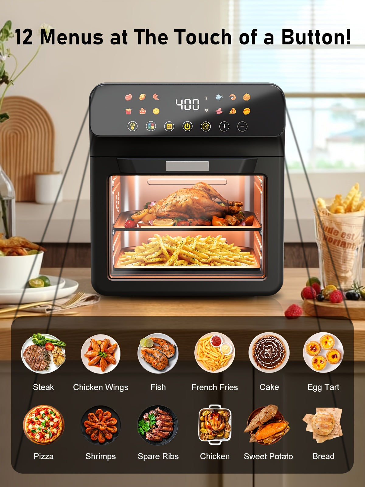 12QT Air Fryer Convection Oven with 10-in-1 Multi Function, Visible Window, Touchscreen, Healthy Choice, Easy to Clean, One-Touch Operation, Grey