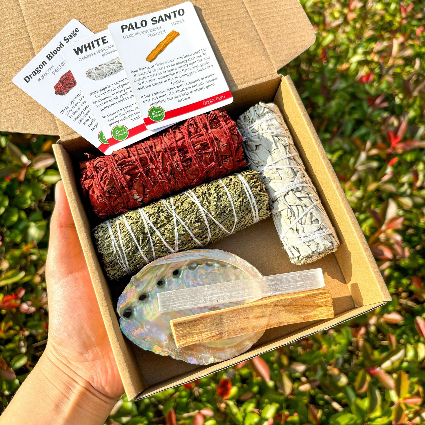 A Set Of Incense Kit - Contains White Sage, Cedarwood, Dragon's Blood Sage, Palo Santo, Abalone Shell, Amethyst Necklace, An Ideal Choice for Gifting