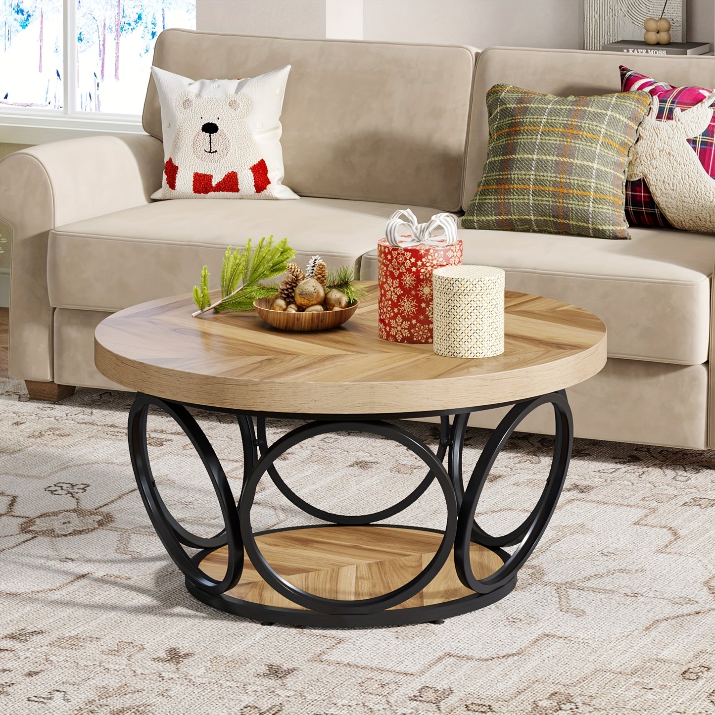 Coffee Table For Small Space, 31.5" Round Wood Center Table, Farmhouse Large Circle Coffee Tables With 2-Tier Storage, Modern Simple Brown Tea Table