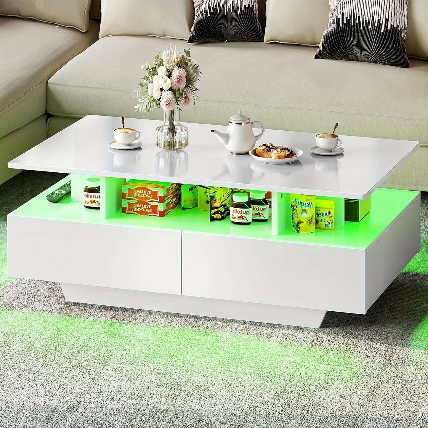 Xelsyo Modern LED Coffee Table with RGB Light System, 20 Colors & 4 Modes, High Gloss Finish, Double-Layer Storage & 4 Drawers, Suitable for Office, Living Room, 21.7"D X 35.4"W X 16.2"H