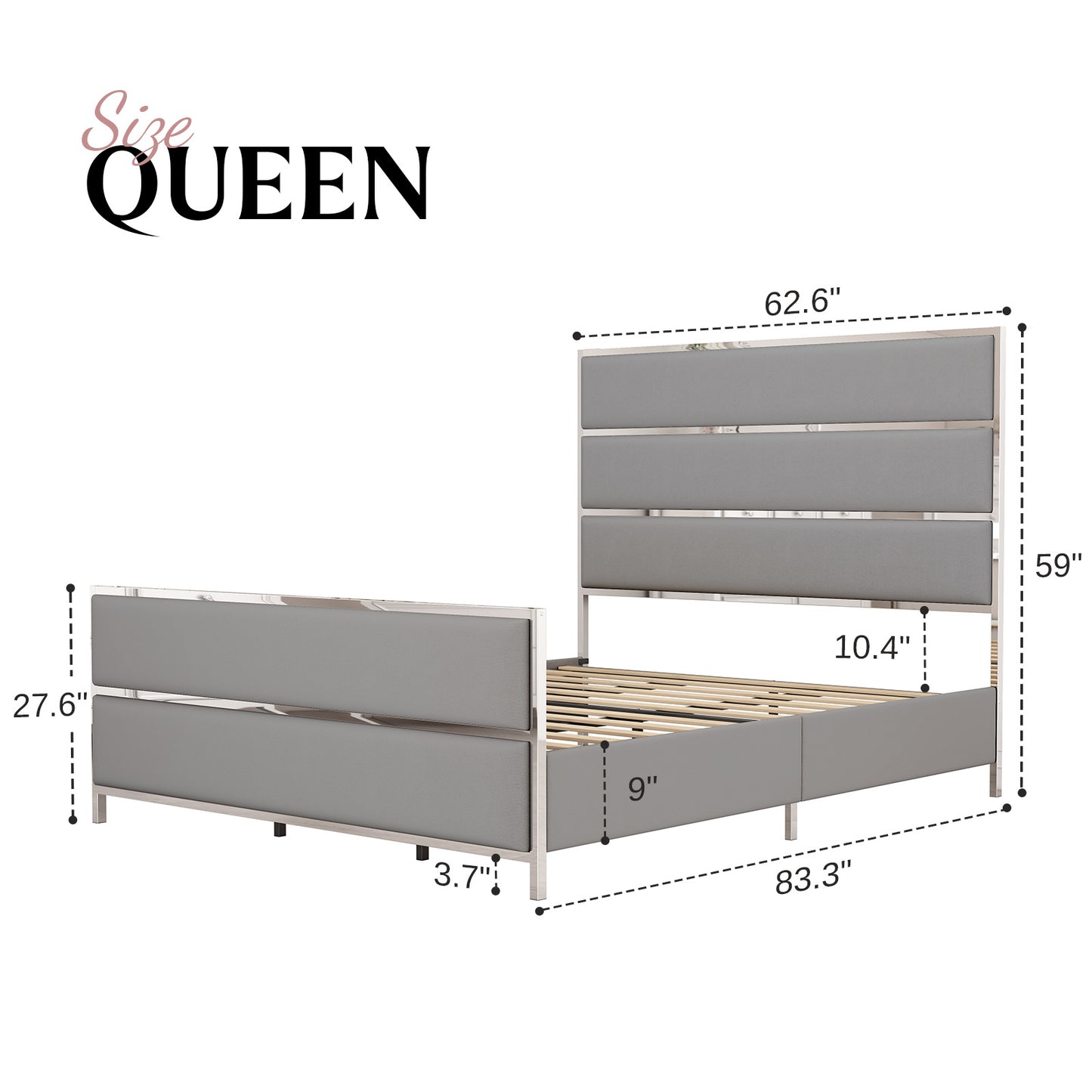 A Velvet Upholstered Platform Bed Frame comes with a 59" Tall Headboard and Footboard, emphasized by Silver Mirrored Plating - and a Box Spring is not necessary