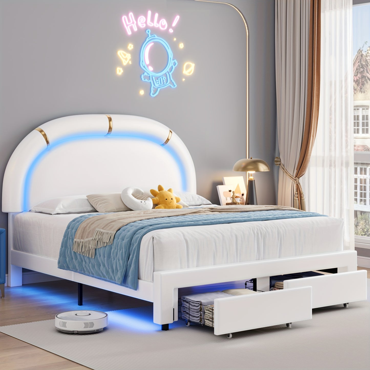 FULTRU LED Bed Frame with 2 Storage Drawers, Modern Smart Faux Leather Upholstered Platform Bed Frame with Adjustable Semicircle Headboard