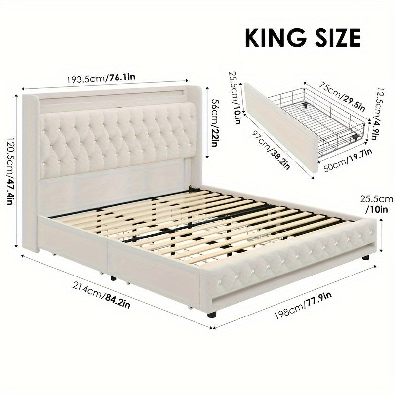 FULTRU Bed Frame with Outlets and USB Ports, Headboard & Footboard with LED, 4 Storage Drawers Modern Wingback Crystal Button Tufted Velvet Upholstered Platform Bed Frame