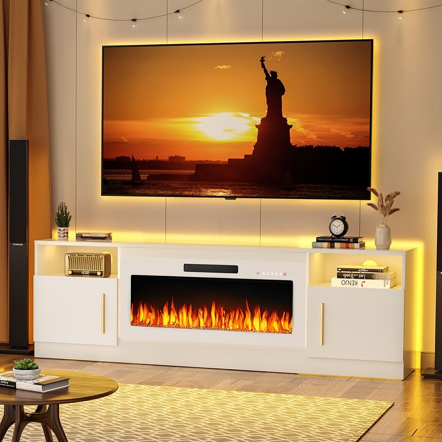 Fireplace TV Stand With 36" Electric Fireplace, LED Light Entertainment Center With Storage Cabinet For TVs Up To 80 Inch, Media TV Console With Modern Wood Texture, 70 Inch