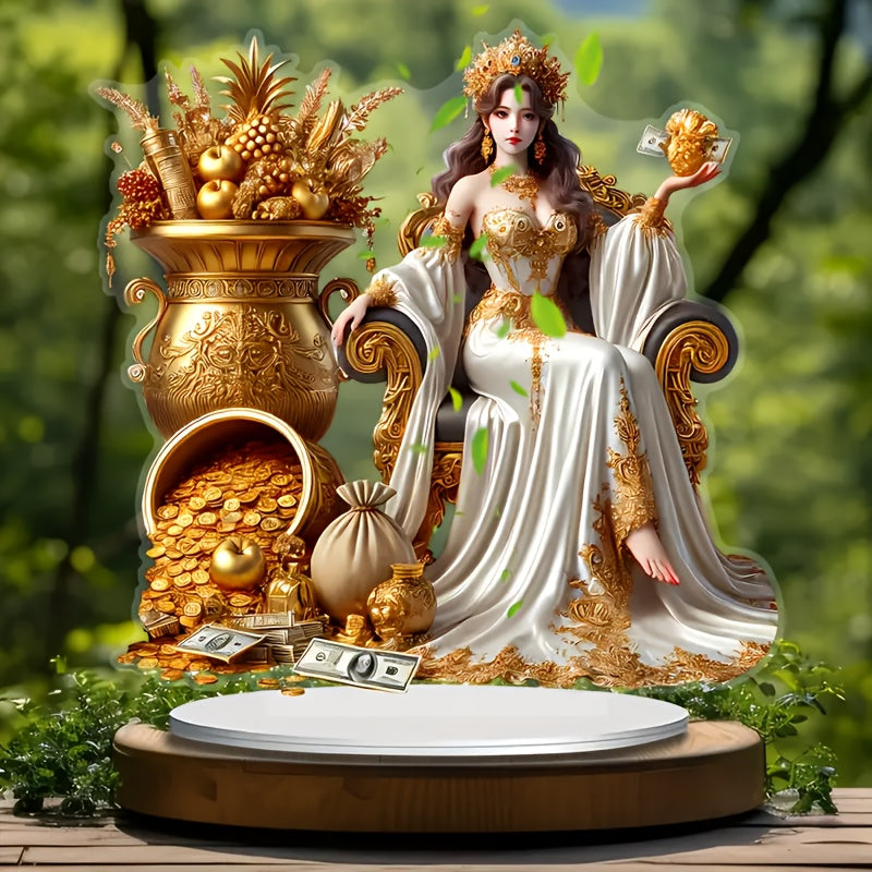 2D Flat, Elegant Wealth Goddess Acrylic Desktop Display - Regal Woman with Golden Crown and Treasures, Ideal for Home & Office Decor, Includes Stand