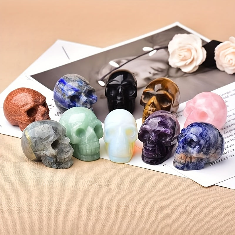 10pcs Set of Polished Natural Crystal Skulls - Reiki Gemstone Statues for Home Decor & Desktop Display