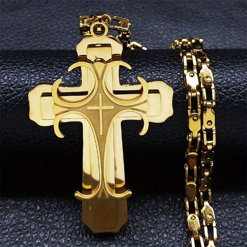 A Hip-hop Punk Double-layer Stainless Steel Cross Pendant Necklace For Men, Punk Jewelry Christmas Gift